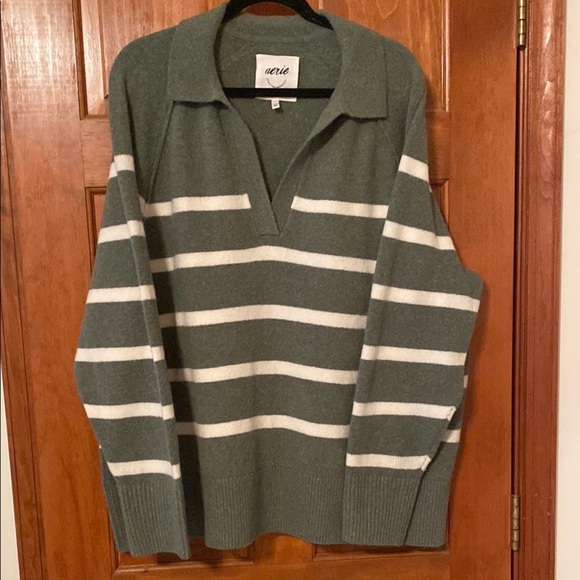 Aerie Green & White Striped V-Neck Oversized Sweater Soft Cozy Size Large - Picture 1 of 6